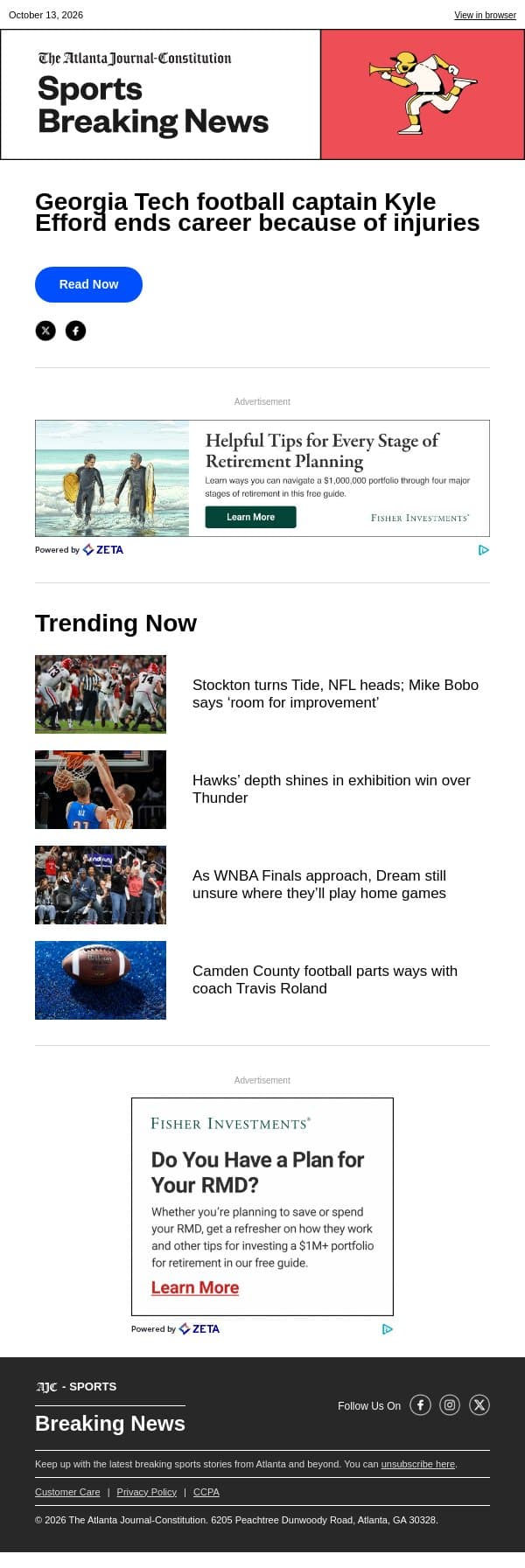 Georgia Tech football captain Kyle Efford ends career because of injuries email from The Atlanta Journal-Constitution screenshot