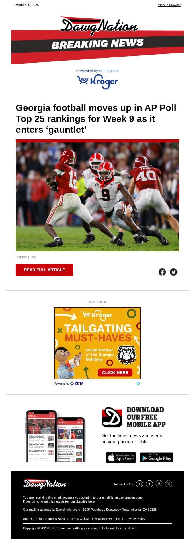 Georgia football moves up in AP Poll Top 25 rankings for Week 9 as it enters ‘gauntlet’ email from The Atlanta Journal-Constitution screenshot