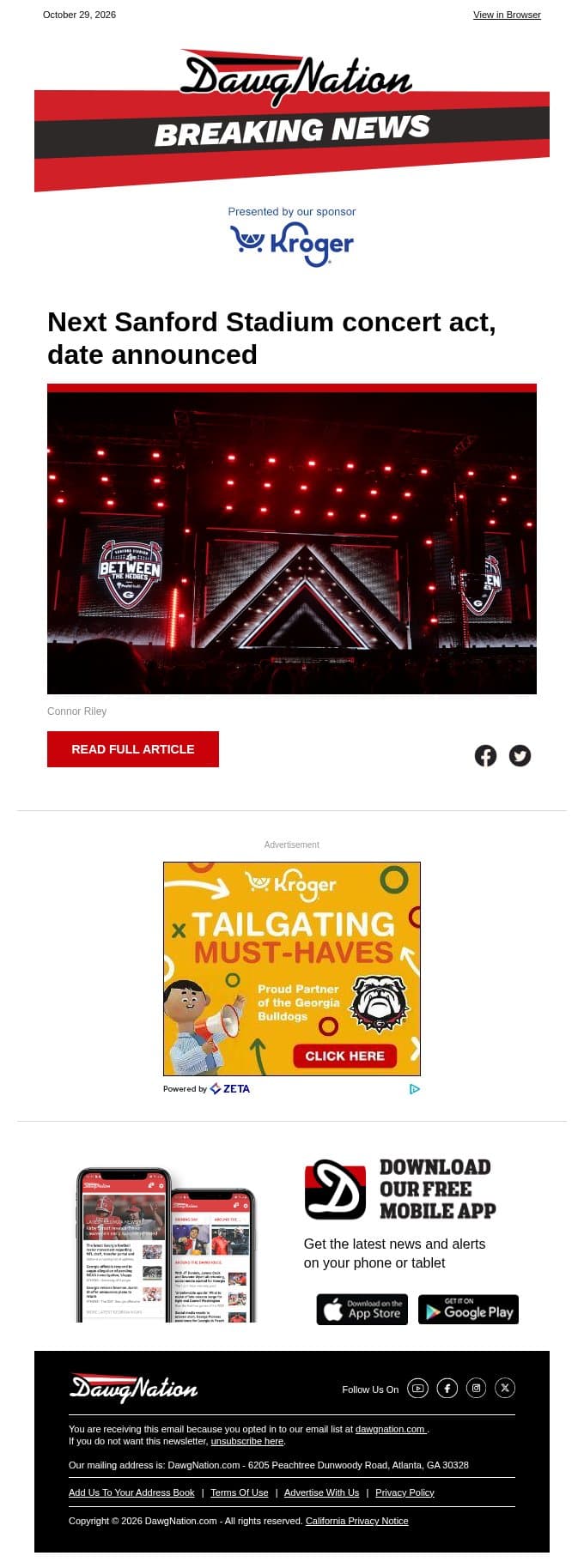 Next Sanford Stadium concert act, date announced email from The Atlanta Journal-Constitution screenshot