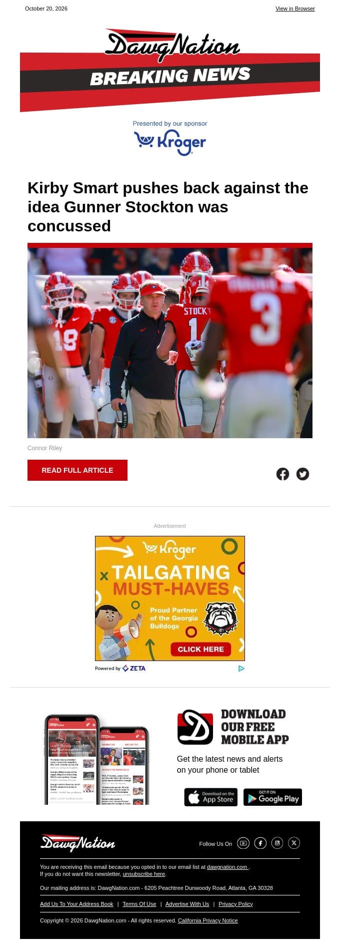 Kirby Smart pushes back against the idea Gunner Stockton was concussed email from The Atlanta Journal-Constitution screenshot