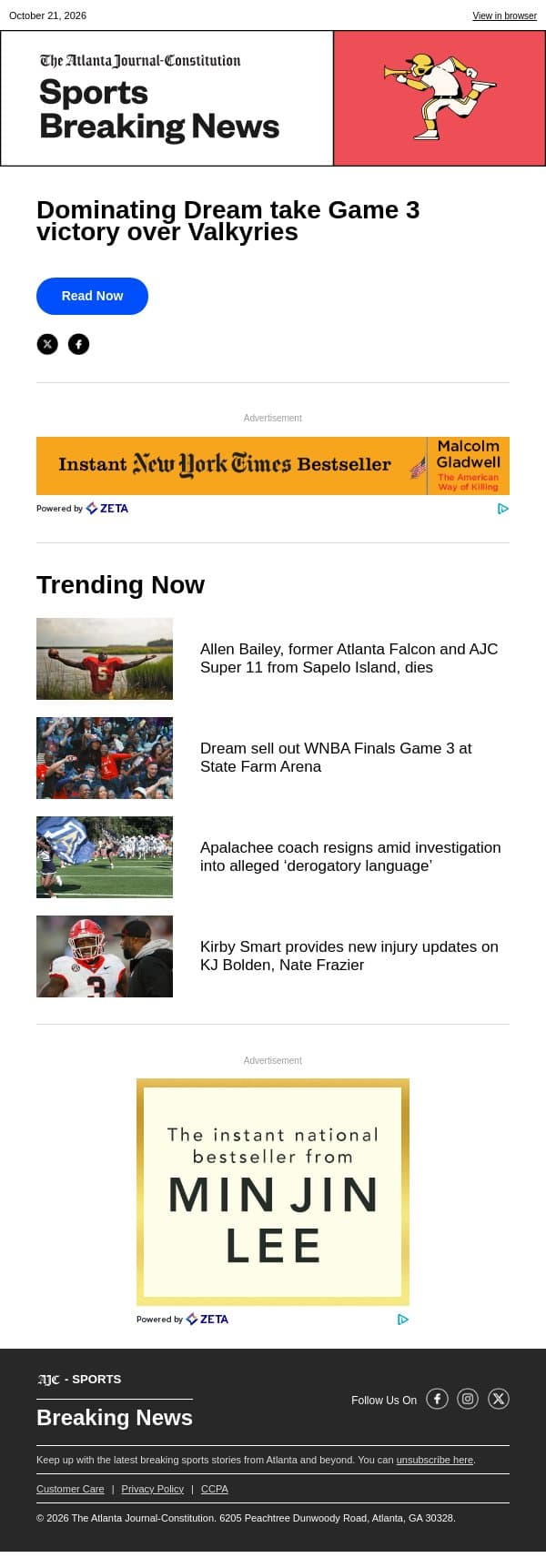 Dominating Dream take Game 3 victory over Valkyries email from The Atlanta Journal-Constitution screenshot