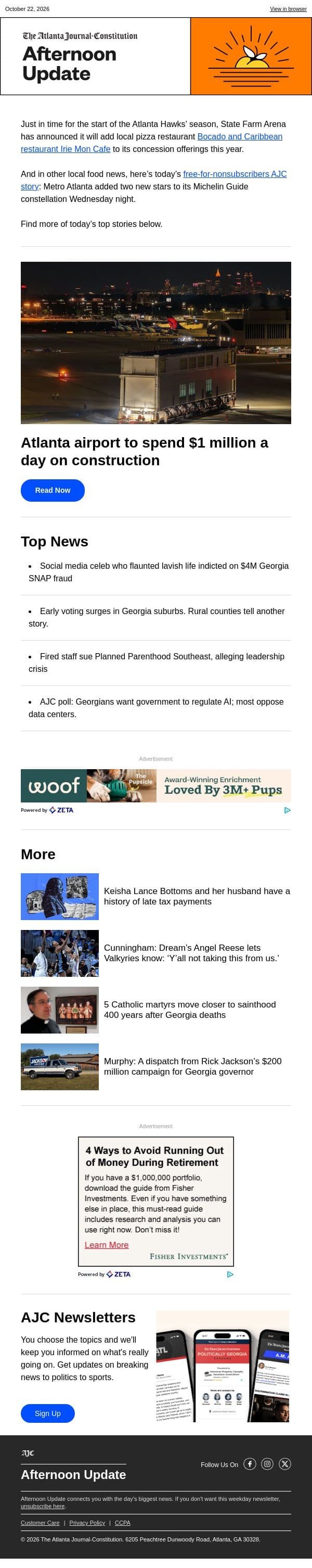 Afternoon Update: Atlanta airport to spend $1M daily on construction email from The Atlanta Journal-Constitution screenshot