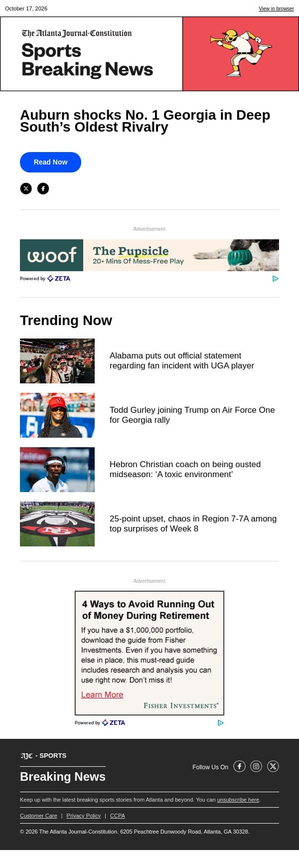 Auburn shocks No. 1 Georgia in Deep South’s Oldest Rivalry email from The Atlanta Journal-Constitution screenshot
