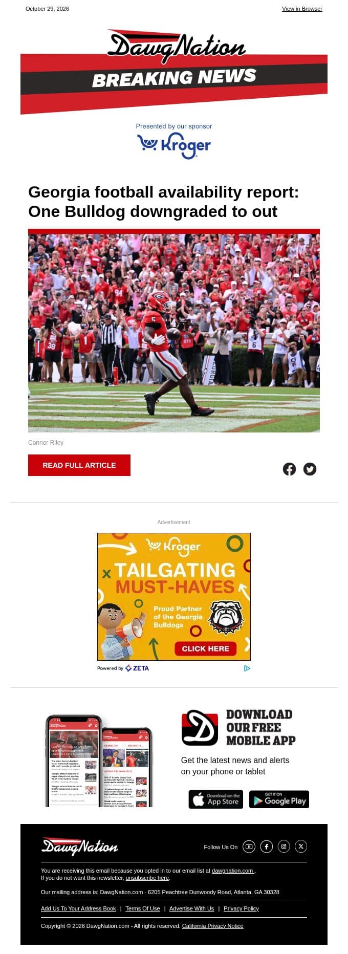 Georgia football availability report: One Bulldog downgraded to out email from The Atlanta Journal-Constitution screenshot