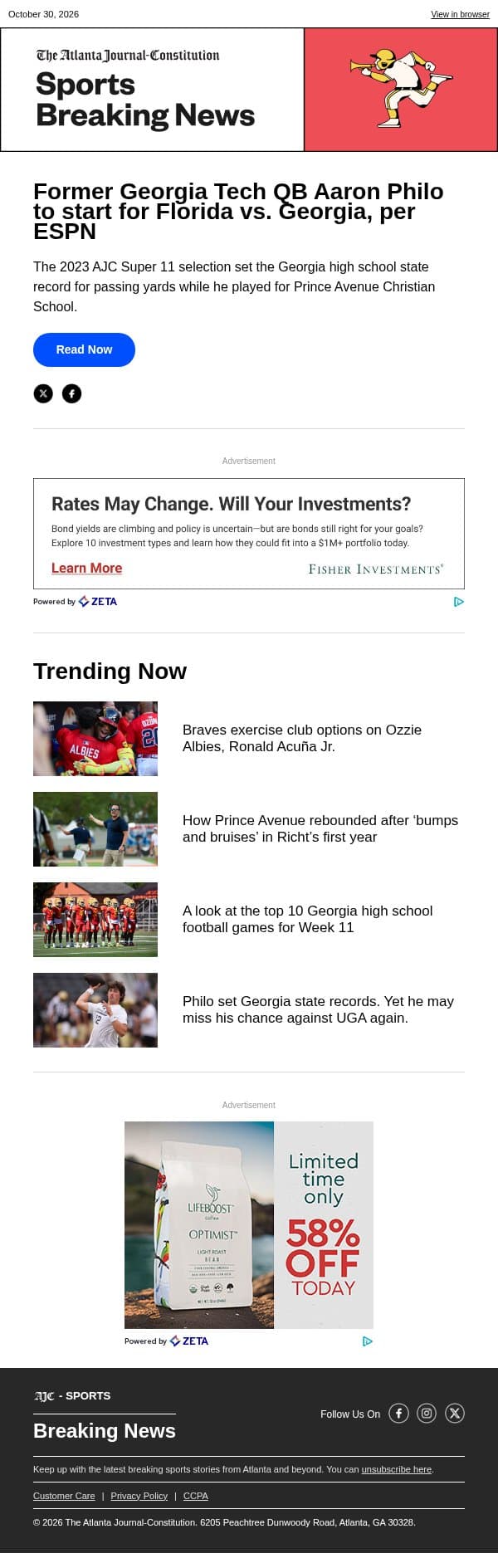 Former Georgia Tech QB Aaron Philo to start for Florida vs. Georgia, per ESPN email from The Atlanta Journal-Constitution screenshot