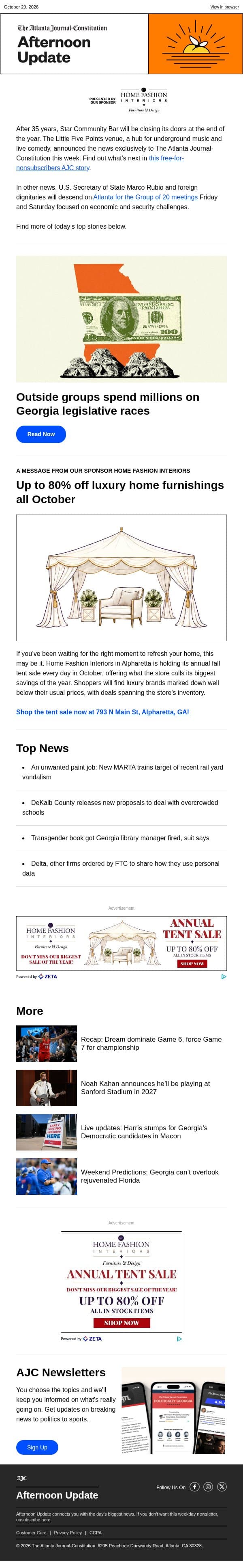 Afternoon Update: Millions pour in for legislative contests email from The Atlanta Journal-Constitution screenshot