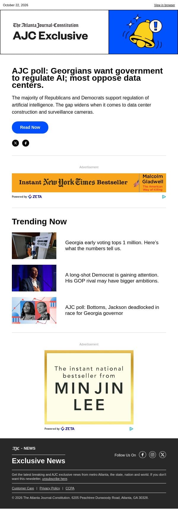 AJC poll: Georgians want government to regulate AI; most oppose data centers. email from The Atlanta Journal-Constitution screenshot