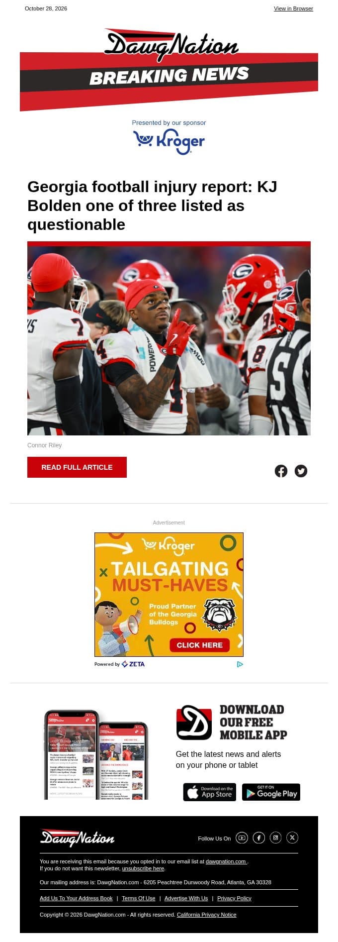Georgia football injury report: KJ Bolden one of three listed as questionable email from The Atlanta Journal-Constitution screenshot