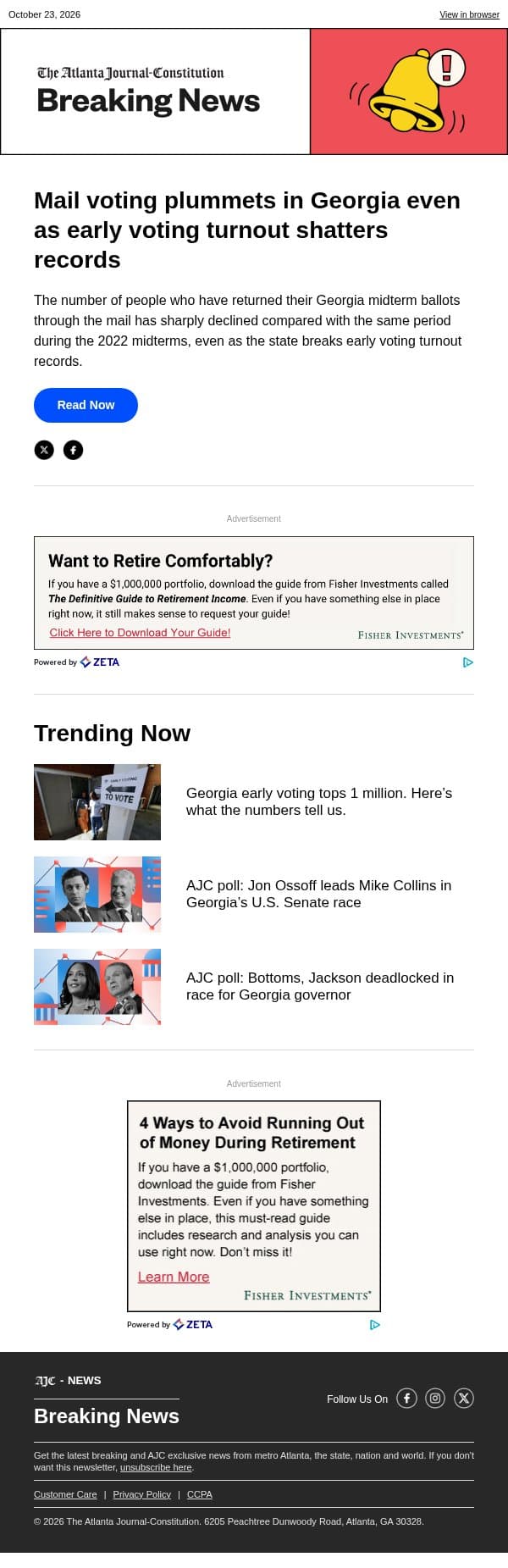 Mail voting plummets in Georgia even as early voting turnout shatters records email from The Atlanta Journal-Constitution screenshot