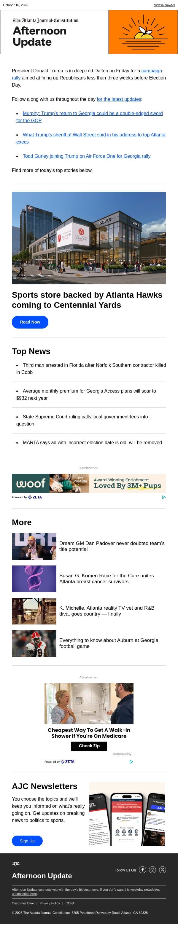Afternoon Update: Sports store backed by Hawks coming to Centennial Yards email from The Atlanta Journal-Constitution screenshot