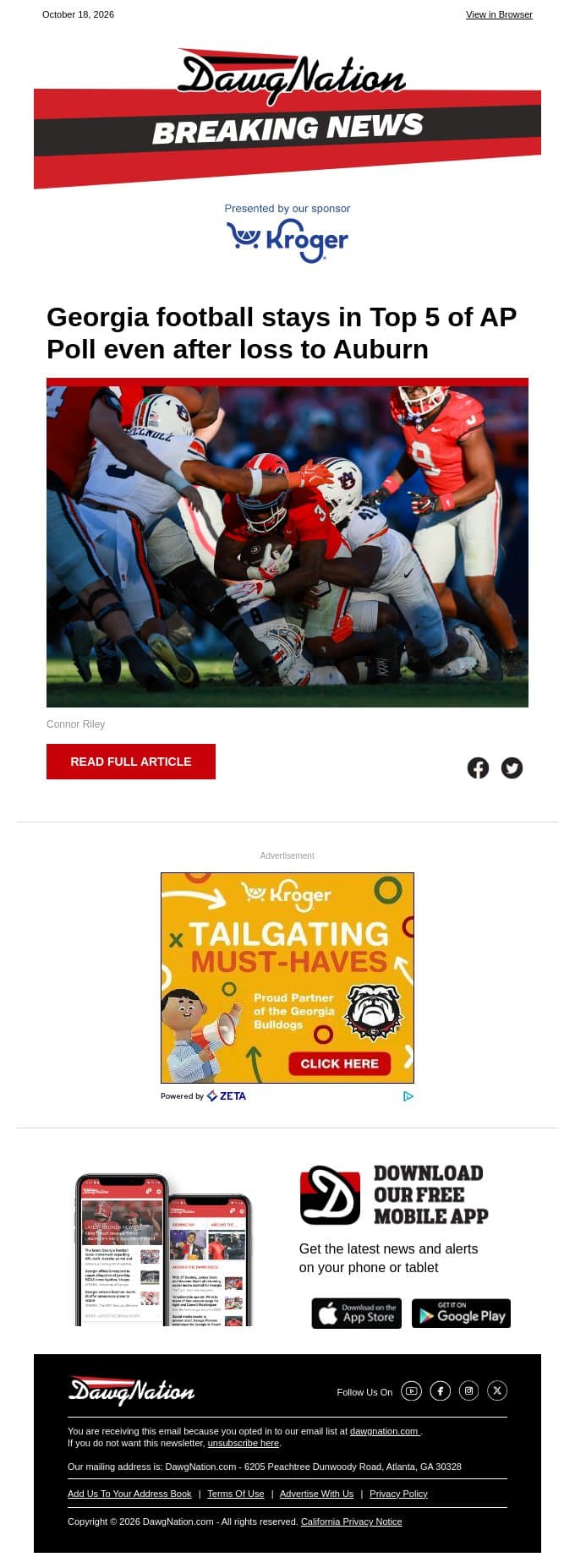 Georgia football stays in Top 5 of AP Poll even after loss to Auburn email from The Atlanta Journal-Constitution screenshot