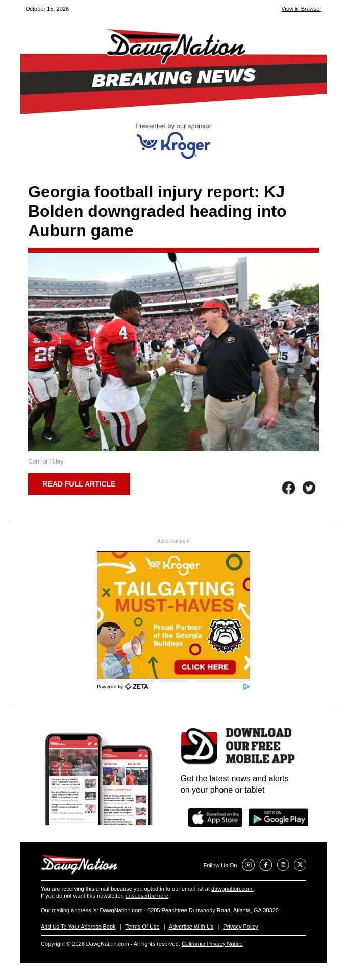Georgia football injury report: KJ Bolden downgraded heading into Auburn game email from The Atlanta Journal-Constitution screenshot