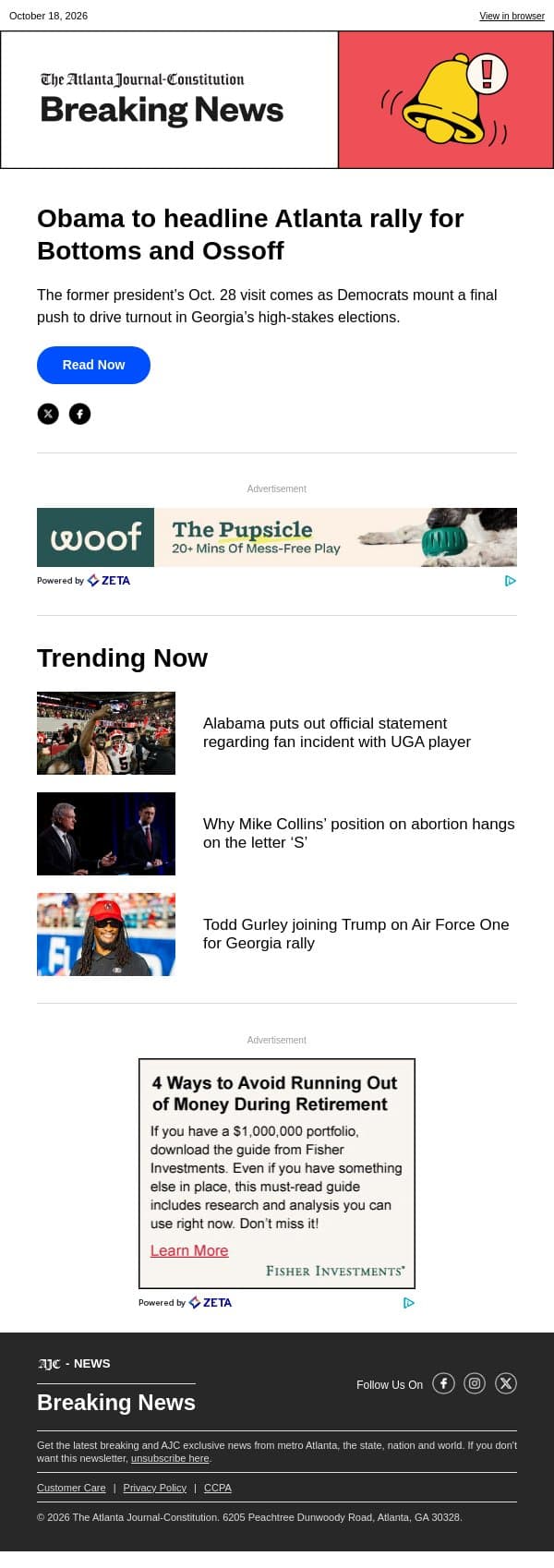 Obama to headline Atlanta rally for Bottoms and Ossoff email from The Atlanta Journal-Constitution screenshot