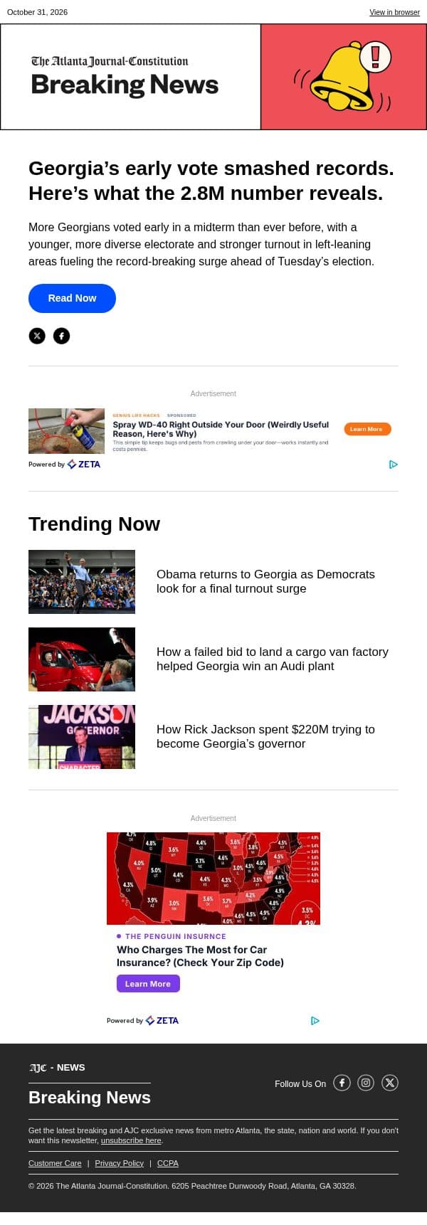 Georgia’s early vote smashed records. Here’s what the 2.8M number reveals. email from The Atlanta Journal-Constitution screenshot