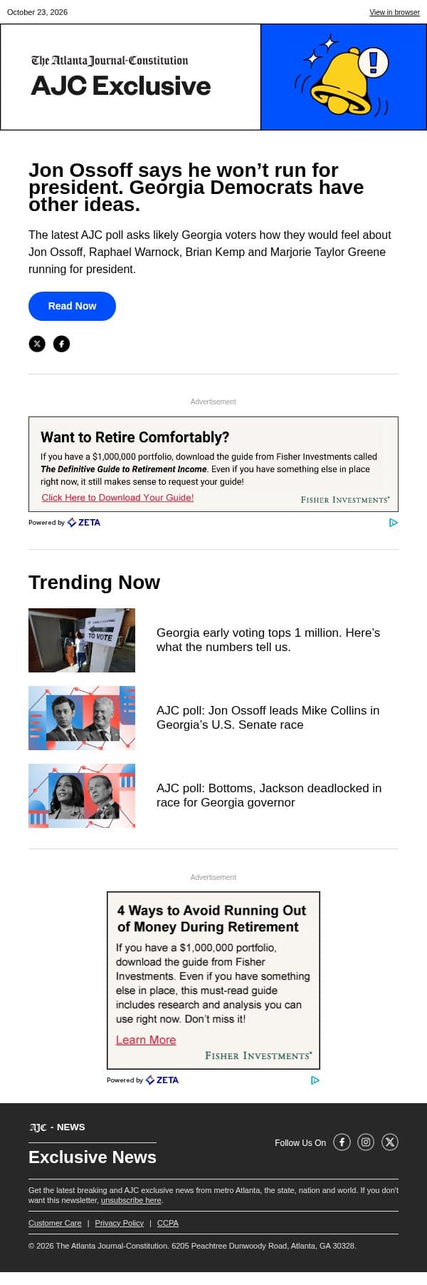 Jon Ossoff says he won’t run for president. Georgia Democrats have other ideas. email from The Atlanta Journal-Constitution screenshot