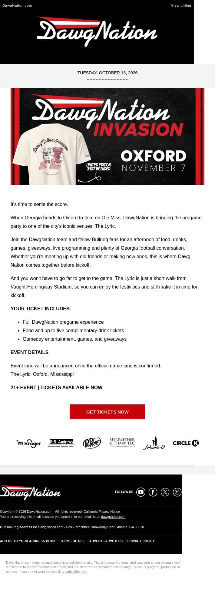 Tickets Are on Sale: DawgNation Invasion: Oxford at The Lyric email from The Atlanta Journal-Constitution screenshot