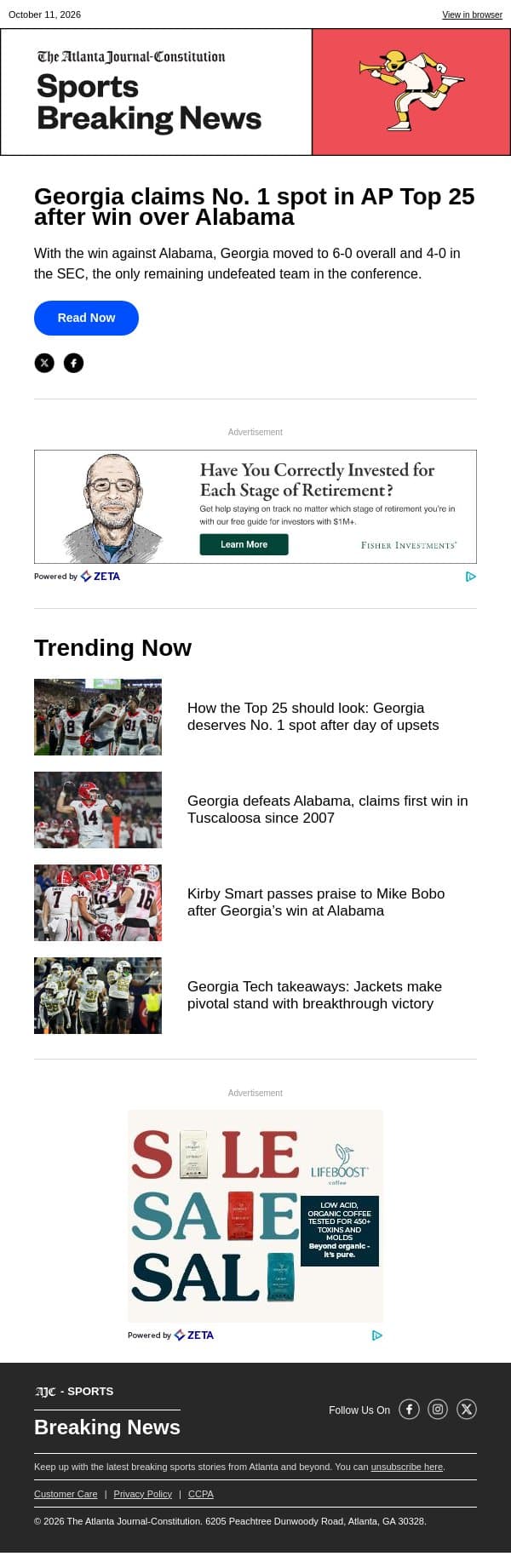 Georgia claims No. 1 spot in AP Top 25 after win over Alabama email from The Atlanta Journal-Constitution screenshot