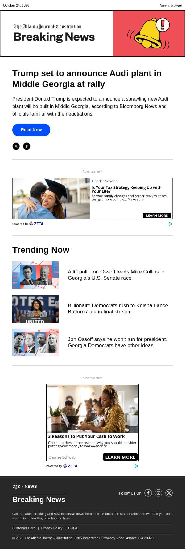 Trump set to announce Audi plant in Middle Georgia at rally email from The Atlanta Journal-Constitution screenshot