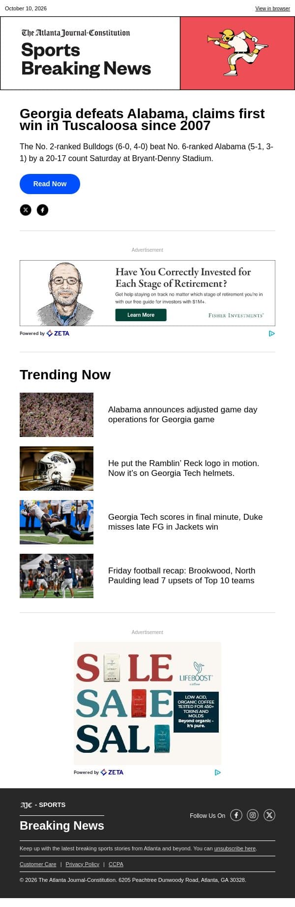 Georgia defeats Alabama, claims first win in Tuscaloosa since 2007 email from The Atlanta Journal-Constitution screenshot