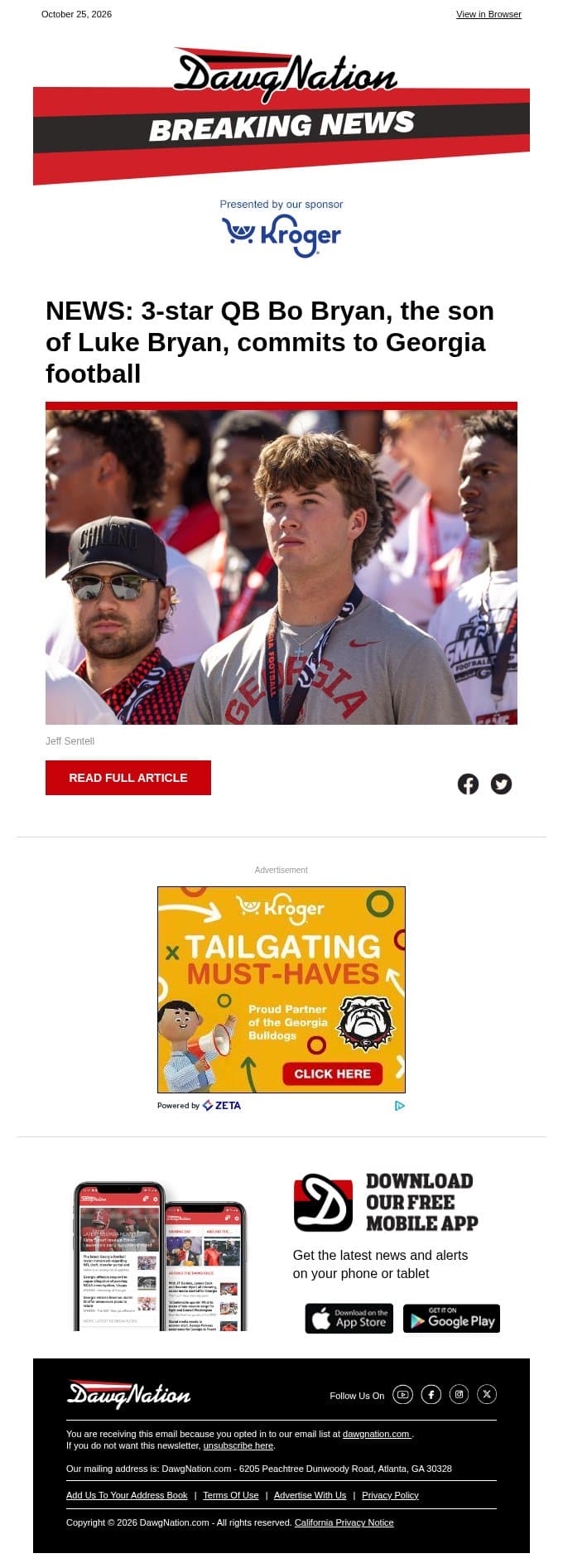 NEWS: 3-star QB Bo Bryan, the son of Luke Bryan, commits to Georgia football email from The Atlanta Journal-Constitution screenshot