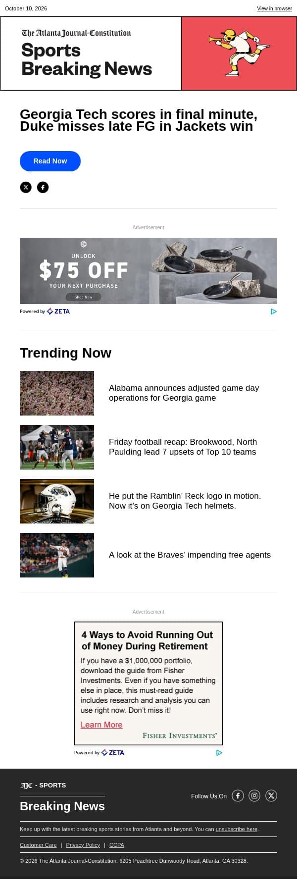Georgia Tech scores in final minute, Duke misses late FG in Jackets win email from The Atlanta Journal-Constitution screenshot
