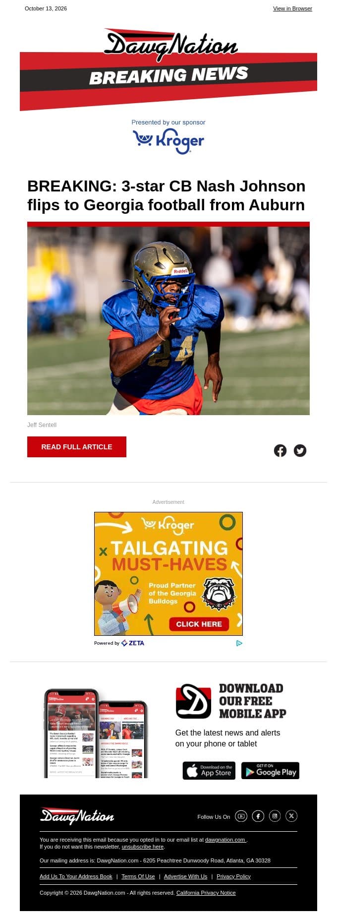 BREAKING: 3-star CB Nash Johnson flips to Georgia football from Auburn email from The Atlanta Journal-Constitution screenshot