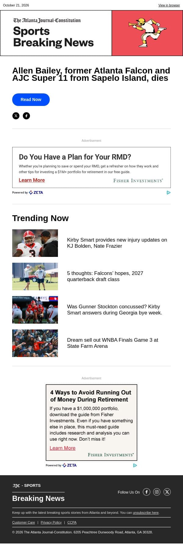 Allen Bailey, former Atlanta Falcon and AJC Super 11 from Sapelo Island, dies email from The Atlanta Journal-Constitution screenshot