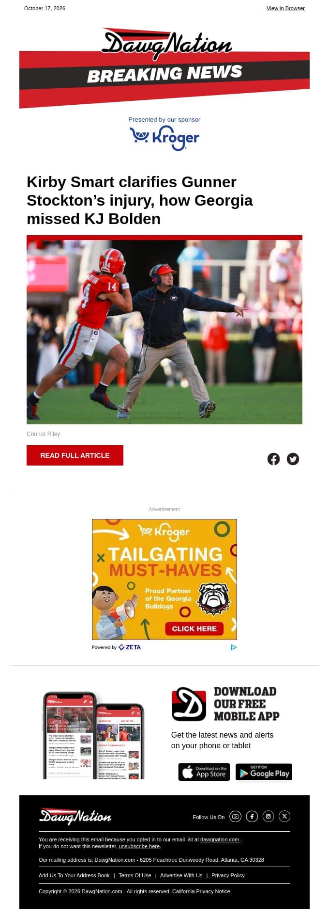 Kirby Smart clarifies Gunner Stockton’s injury, how Georgia missed KJ Bolden email from The Atlanta Journal-Constitution screenshot