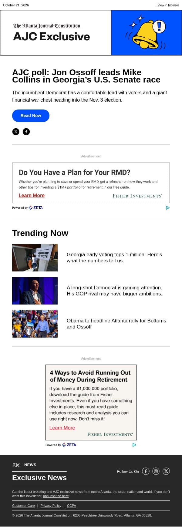 AJC poll: Jon Ossoff leads Mike Collins in Georgia’s U.S. Senate race email from The Atlanta Journal-Constitution screenshot