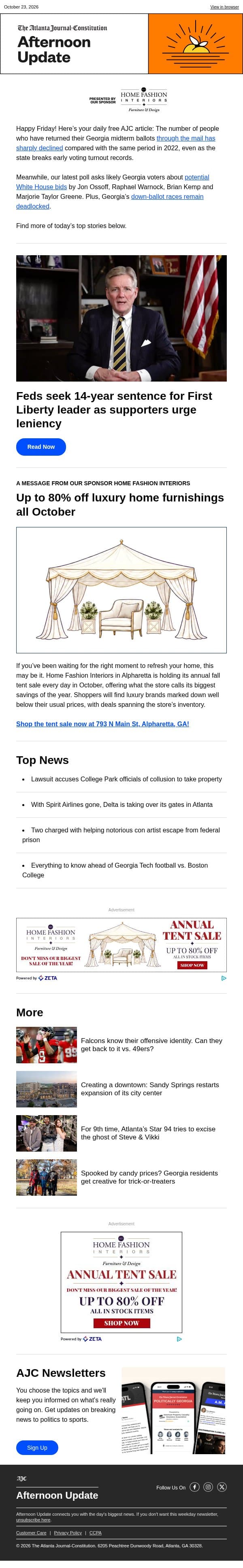 Afternoon Update: First Liberty founder to be sentenced Monday email from The Atlanta Journal-Constitution screenshot