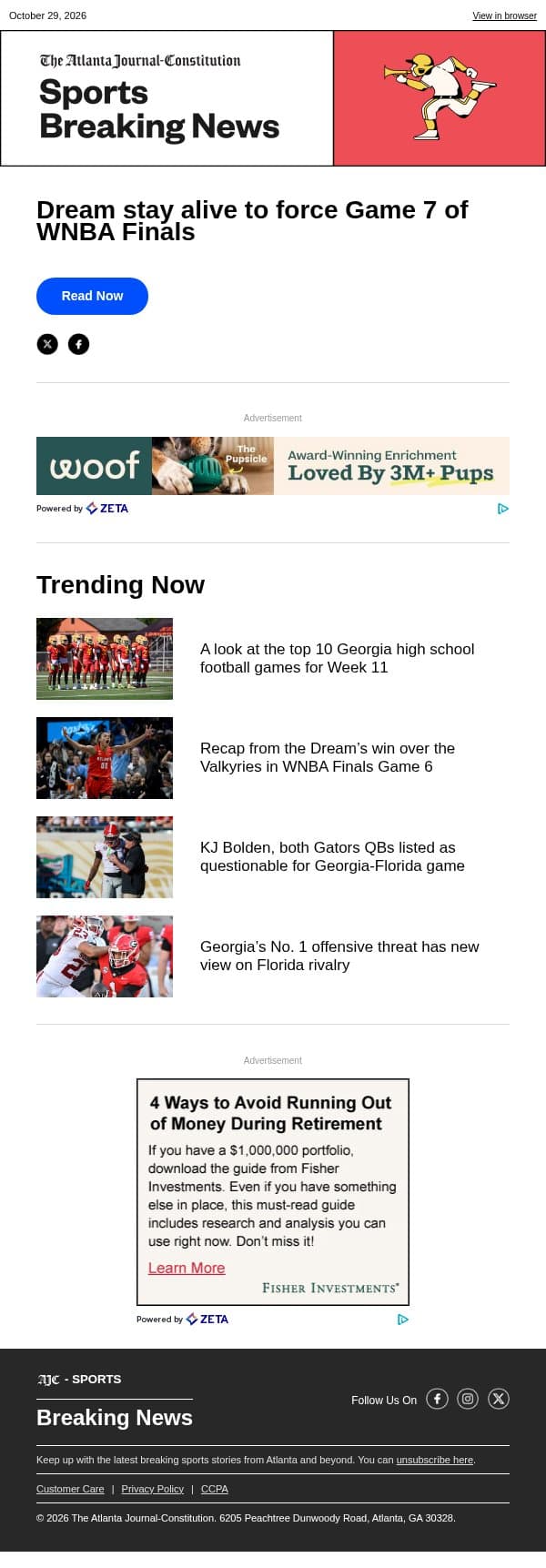 Dream stay alive to force Game 7 of WNBA Finals email from The Atlanta Journal-Constitution screenshot