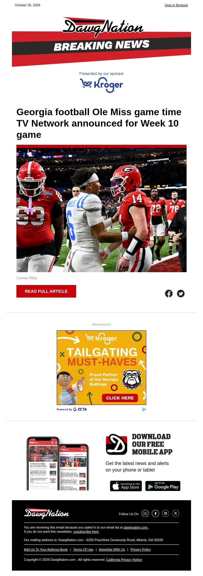 Georgia football Ole Miss game time TV Network announced for Week 10 game email from The Atlanta Journal-Constitution screenshot