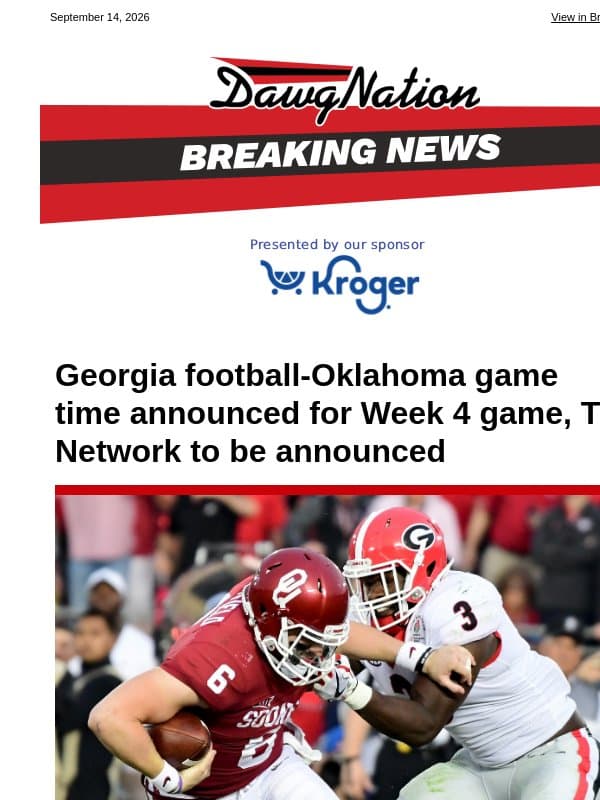 Georgia football-Oklahoma game time announced for Week 4 game, TV Network to be announced email from The Atlanta Journal-Constitution