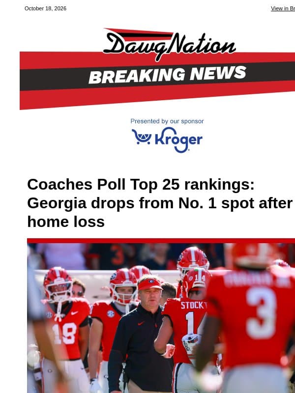 Coaches Poll Top 25 rankings: Georgia drops from No. 1 spot after home loss email from The Atlanta Journal-Constitution