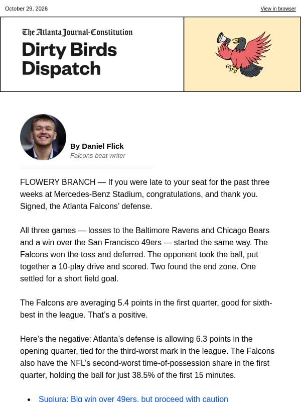 Dirty Birds Dispatch: Falcons need to flip script on slow starts email from The Atlanta Journal-Constitution