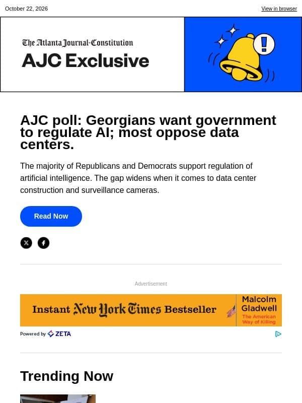AJC poll: Georgians want government to regulate AI; most oppose data centers. email from The Atlanta Journal-Constitution
