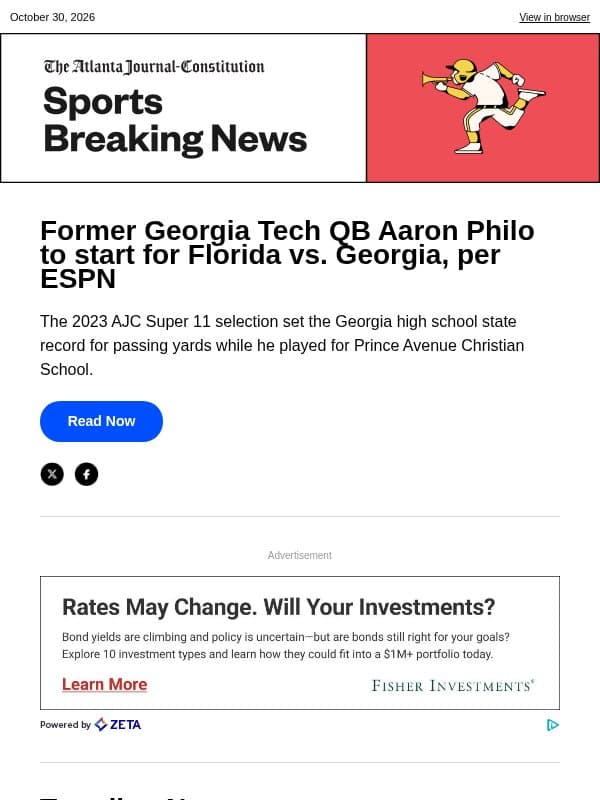 Former Georgia Tech QB Aaron Philo to start for Florida vs. Georgia, per ESPN email from The Atlanta Journal-Constitution