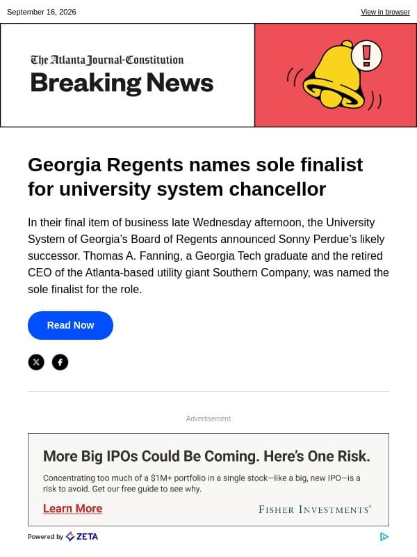 Georgia Regents names sole finalist for university system chancellor email from The Atlanta Journal-Constitution