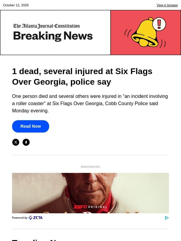 1 dead, several injured at Six Flags Over Georgia, police say email from The Atlanta Journal-Constitution