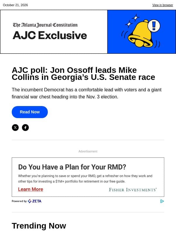 AJC poll: Jon Ossoff leads Mike Collins in Georgia’s U.S. Senate race email from The Atlanta Journal-Constitution