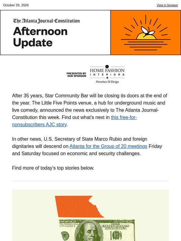 Afternoon Update: Millions pour in for legislative contests email from The Atlanta Journal-Constitution
