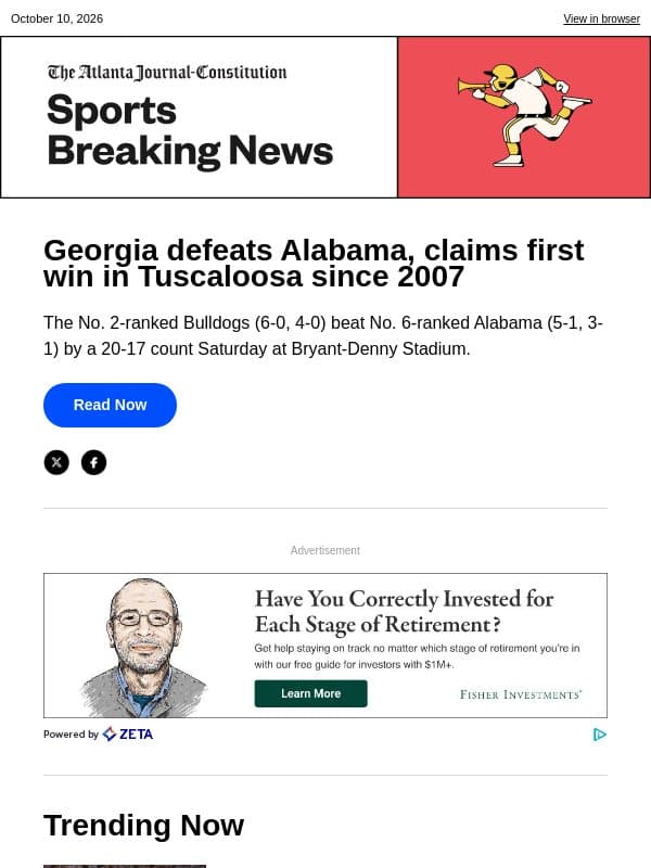 Georgia defeats Alabama, claims first win in Tuscaloosa since 2007 email from The Atlanta Journal-Constitution