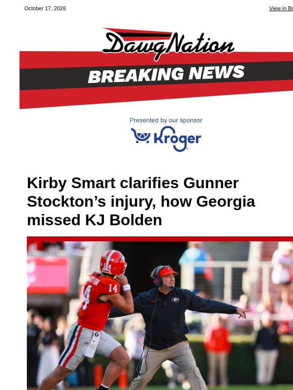 Kirby Smart clarifies Gunner Stockton’s injury, how Georgia missed KJ Bolden email from The Atlanta Journal-Constitution