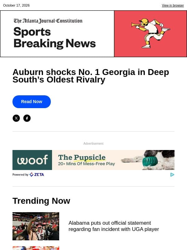 Auburn shocks No. 1 Georgia in Deep South’s Oldest Rivalry email from The Atlanta Journal-Constitution