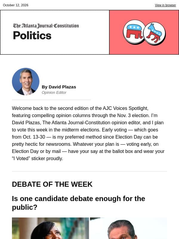 Voices Spotlight: Do candidate debates matter anymore? email from The Atlanta Journal-Constitution