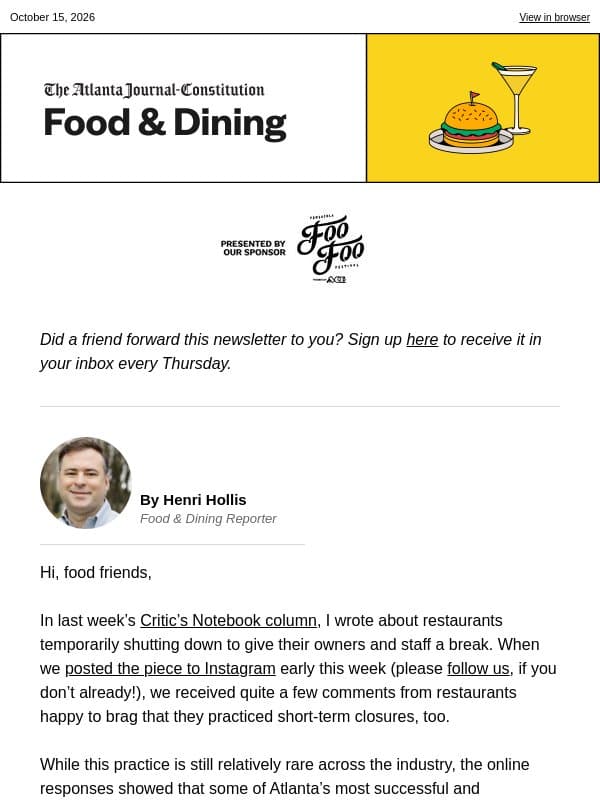 Restaurants respond with pride about temporary closures email from The Atlanta Journal-Constitution