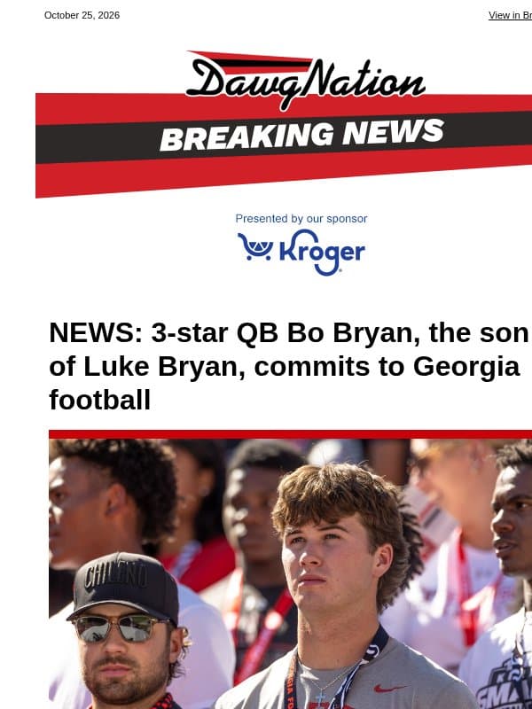 NEWS: 3-star QB Bo Bryan, the son of Luke Bryan, commits to Georgia football email from The Atlanta Journal-Constitution