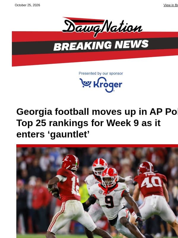 Georgia football moves up in AP Poll Top 25 rankings for Week 9 as it enters ‘gauntlet’ email from The Atlanta Journal-Constitution