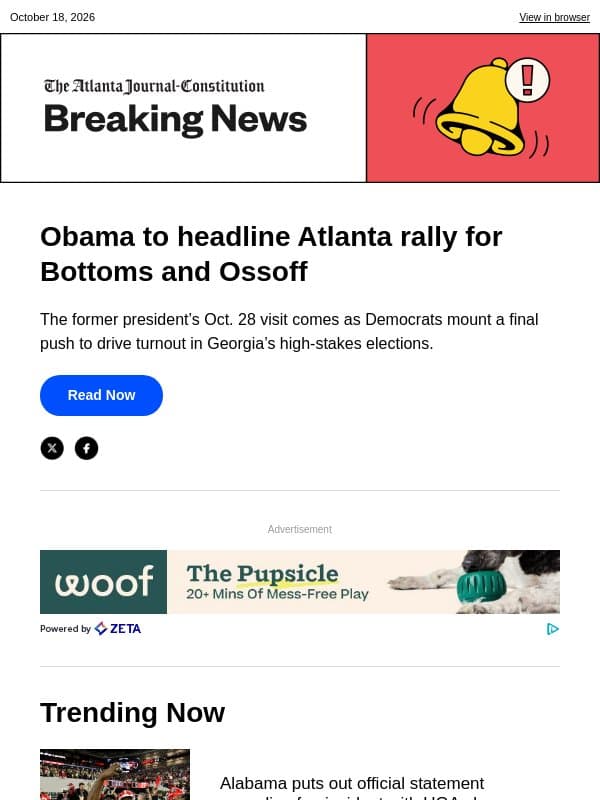 Obama to headline Atlanta rally for Bottoms and Ossoff email from The Atlanta Journal-Constitution