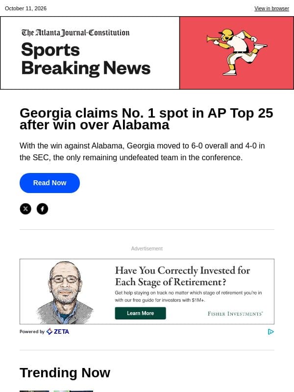 Georgia claims No. 1 spot in AP Top 25 after win over Alabama email from The Atlanta Journal-Constitution